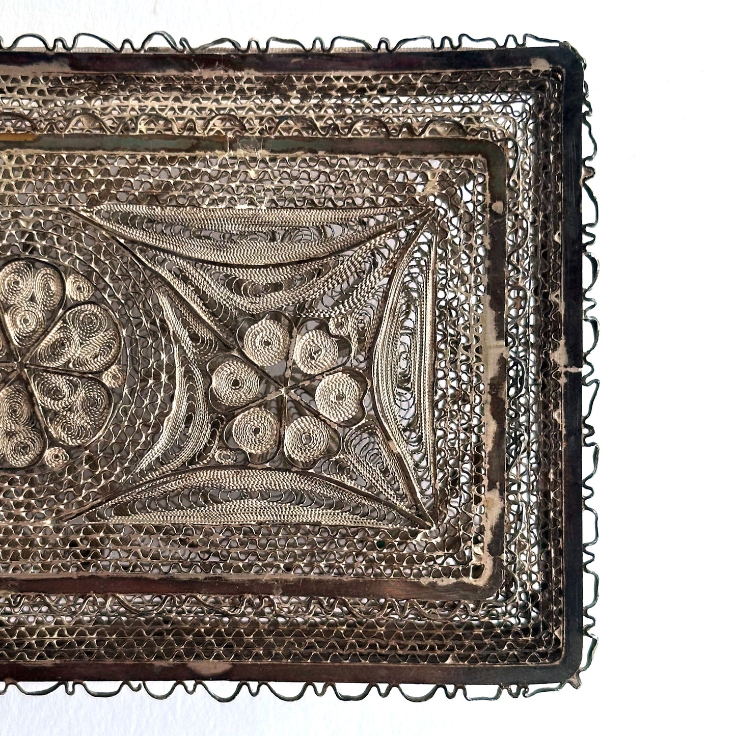 Mid-Century Silver Filigree Woven Floral Motif Trinket Box