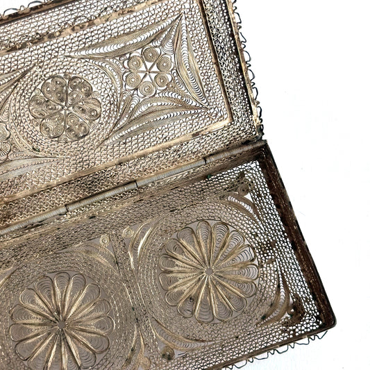 Mid-Century Silver Filigree Woven Floral Motif Trinket Box