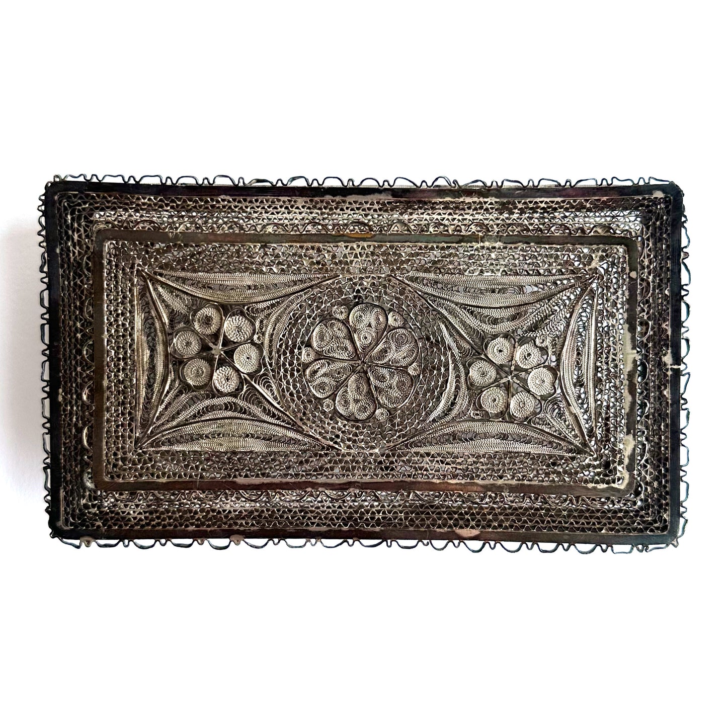 Mid-Century Silver Filigree Woven Floral Motif Trinket Box