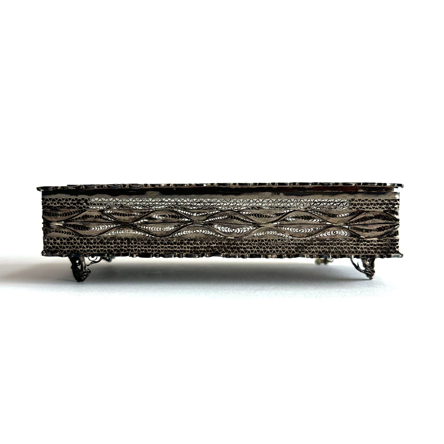 Mid-Century Silver Filigree Woven Floral Motif Trinket Box