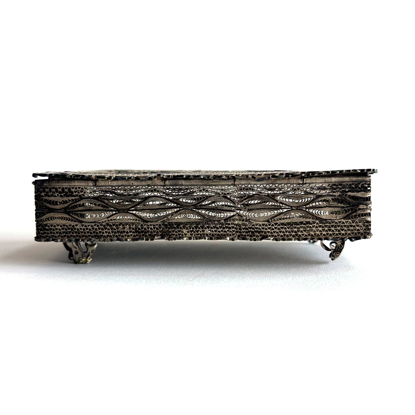 Mid-Century Silver Filigree Woven Floral Motif Trinket Box