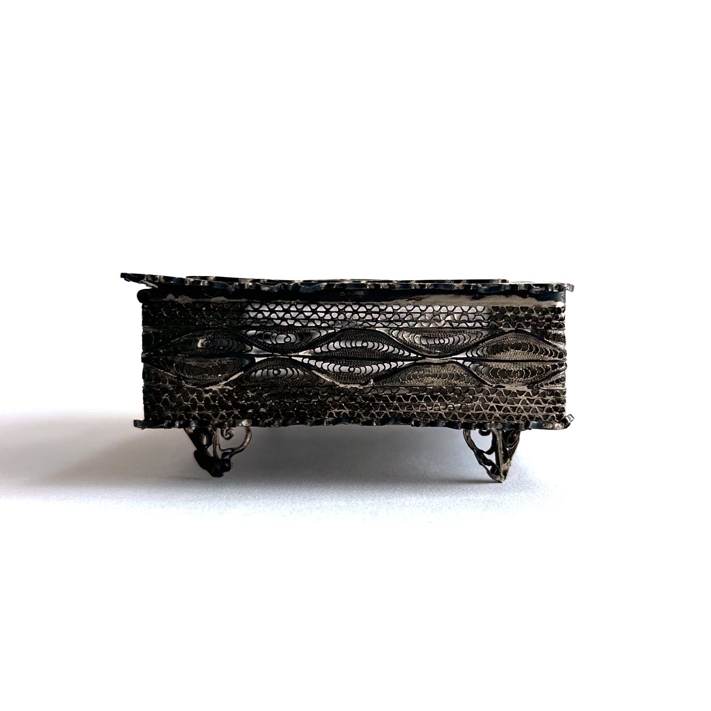 Mid-Century Silver Filigree Woven Floral Motif Trinket Box
