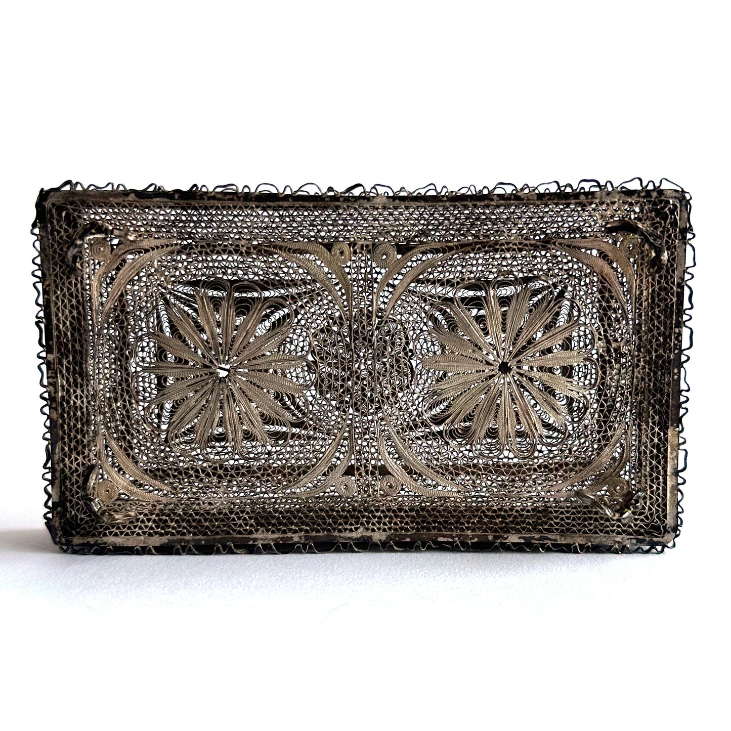 Mid-Century Silver Filigree Woven Floral Motif Trinket Box