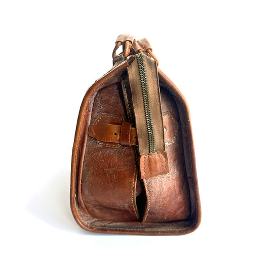 1970's Genuine Leather Duffle Bag with Carpet Inlay