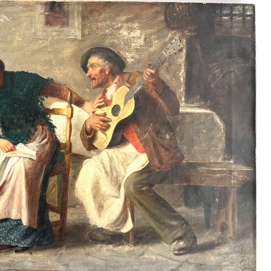 Late 19th Century Italian Oil Painting – Domestic Scene with Guitar Player