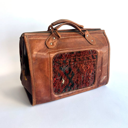 1970's Genuine Leather Duffle Bag with Carpet Inlay