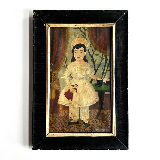 1800's American School Original Oil Painting of Young Girl in White Dress