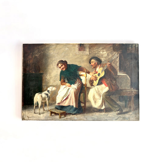 Late 19th Century Italian Oil Painting – Domestic Scene with Guitar Player
